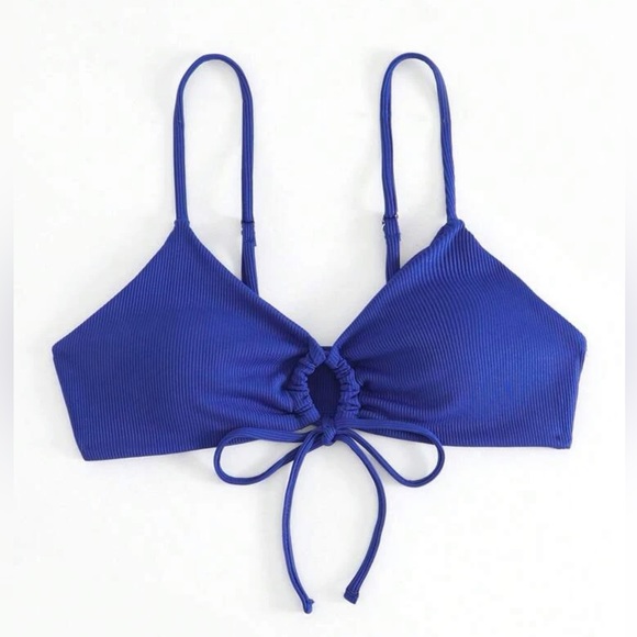 Brand New SHEIN Navy Blue Tie Front Ribbed Bikini Top Sz 8/10 Large - Picture 1 of 5